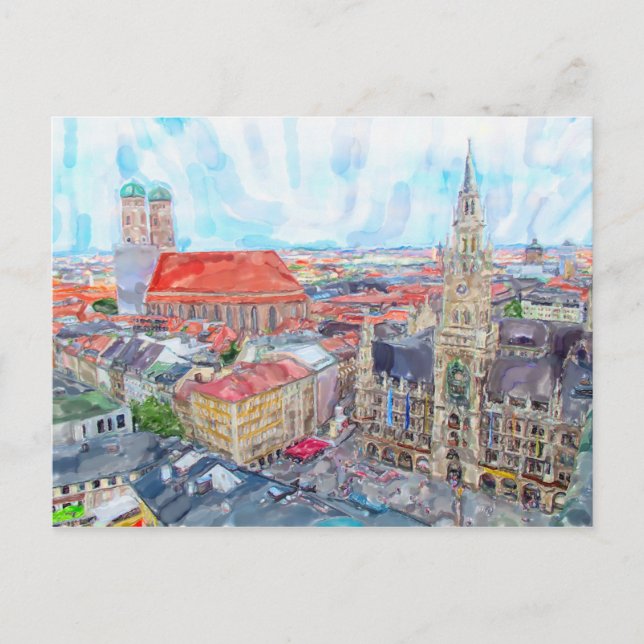 Postal Múnich Marienplatz, pintura acuarela. Aéreo. (Anverso)