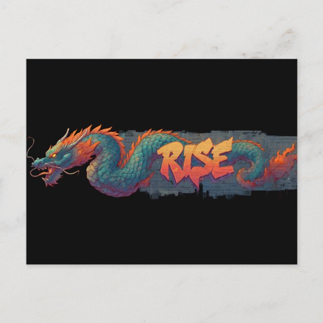 Postal Mural estilizado de Dragón Graffiti con "RISE" aud (Anverso)