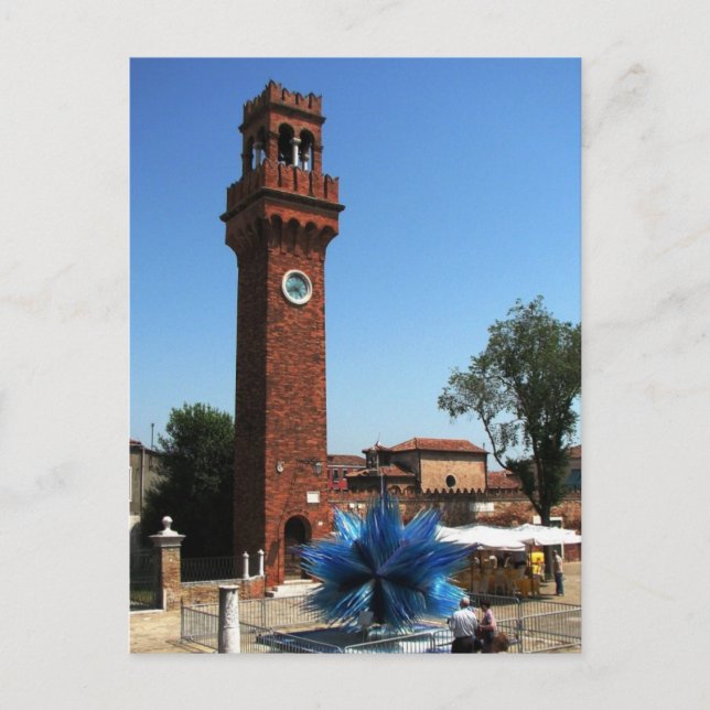 Postal Murano, Italia Torre de Reloj y Escultura de vidri (Anverso)