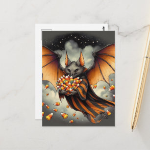Postal Murciélago adorable de Halloween con dulces
