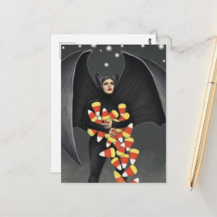Postal Murciélago con dulces de Halloween