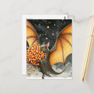 Postal Murciélago de Halloween con dulces