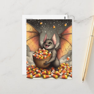 Postal Murciélago lindo de Halloween con dulces