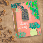 Postal Muro de jardín rosado Árbol de palmeras exótico FE<br><div class="desc">paredes de color rosa bonito y plantas coloridas,  dibujadas a mano para ti. ¡Echa un vistazo a mi tienda por más!</div>