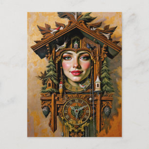 Postal “Musa Atemporal” – Un retrato de reloj de cucú