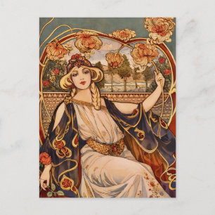 Postal Musa del Crisantemo Dorado – Floral Art Nouveau