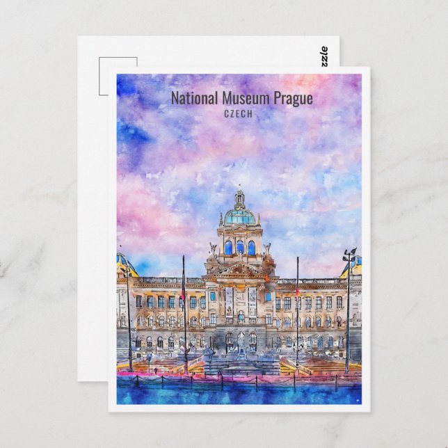 Postal Museo Nacional Praga Travel Place Watercolor (Anverso / Reverso)