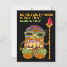 Postal Mushroom Tiki Chef con una curiosa cita, negro