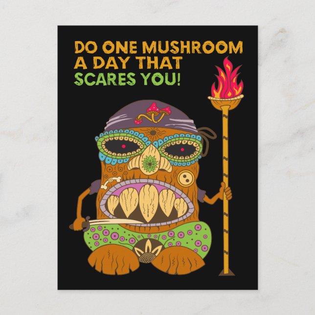 Postal Mushroom Tiki Chef con una curiosa cita, negro (Anverso)