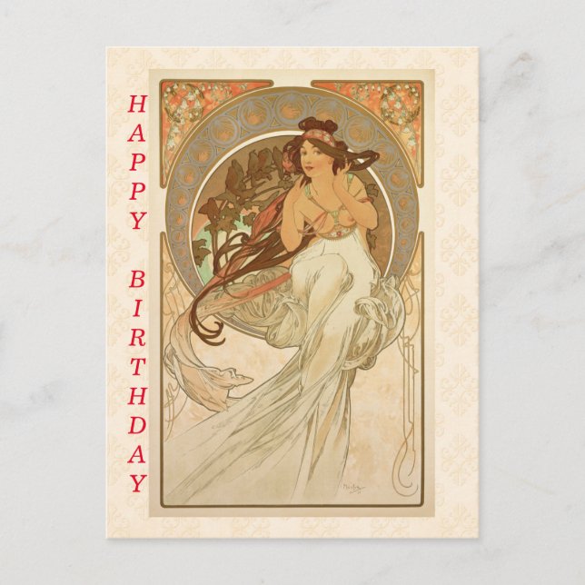 Postal Música de Alphonse Mucha, Feliz Cumpleaños (Anverso)