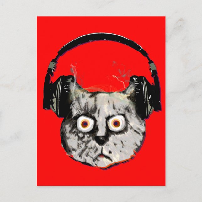Postal música dj cat con auriculares (Anverso)