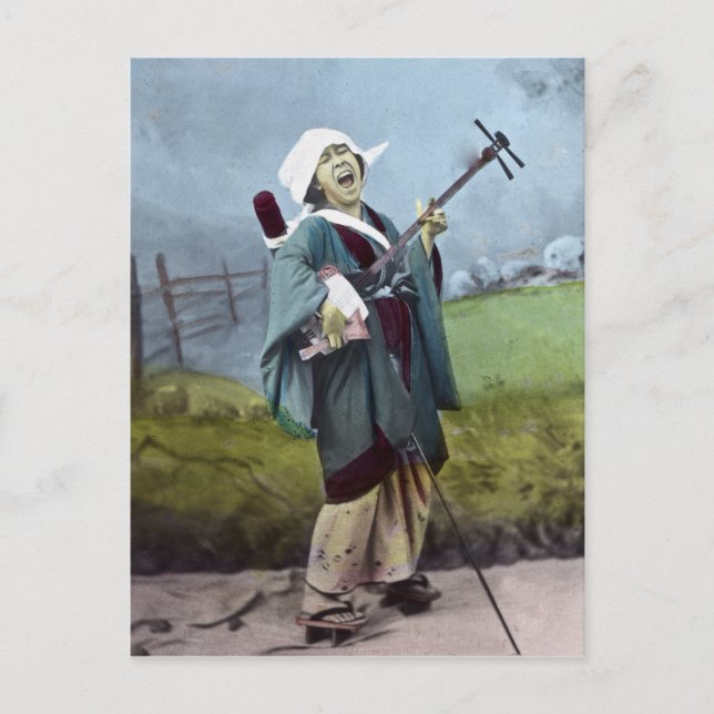 Postal Música japonesa Shamisen vintage banjo (Anverso)