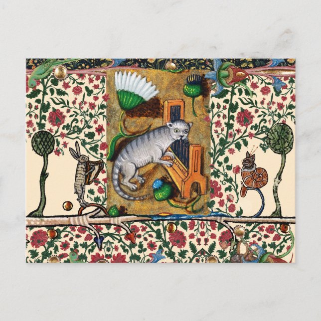 POSTAL MÚSICA RARA DE BESTIARIO MEDIEVAL,GATO TOCANDO ÓRG (Anverso)