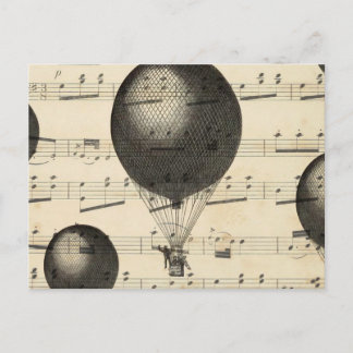 Postal Música vintage y globos antiguos de aire caliente