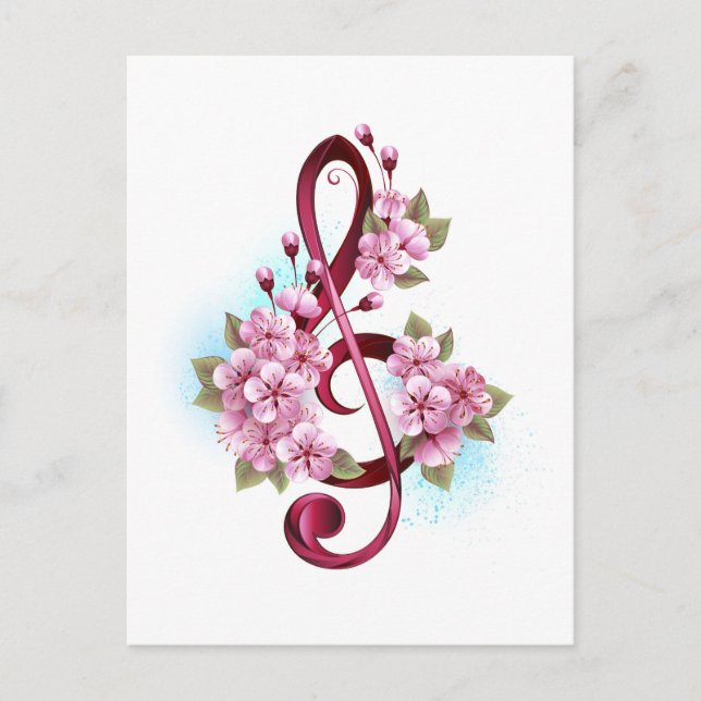 Postal Musical treble clef notes with Sakura flowers (Anverso)