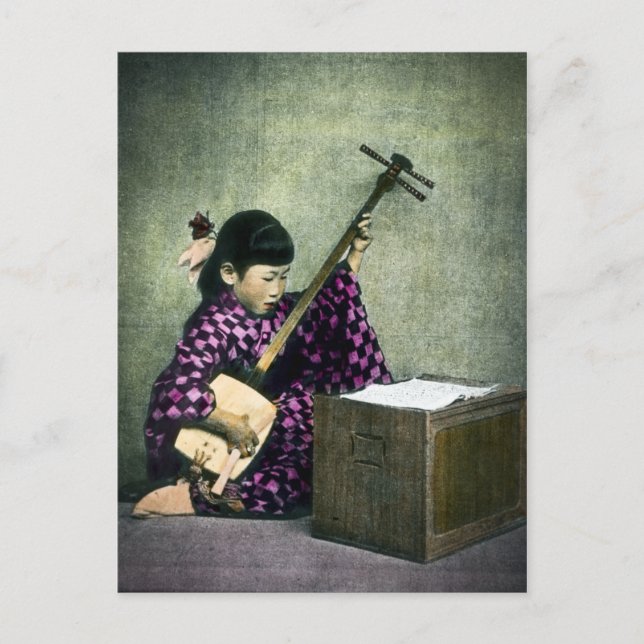 Postal Músico Chica japonés Shamisen Vintage (Anverso)