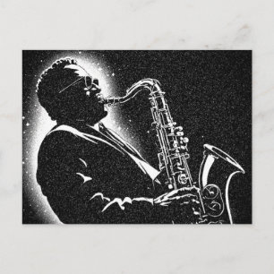 Postal Músico de saxofón estilo gráfico BW de los 50