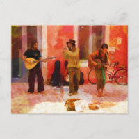 Músicos callejeros tocando guitarra Mandolin y fla