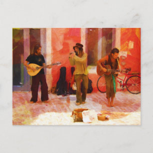 Postal Músicos callejeros tocando guitarra Mandolin y fla