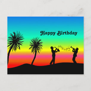Postal Músicos Silueta de Atardecer Tropical Cumpleaños