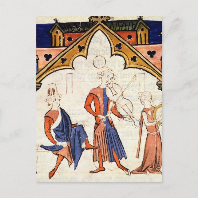 Postal Músicos tocando una viola y un tocadiscos (Anverso)