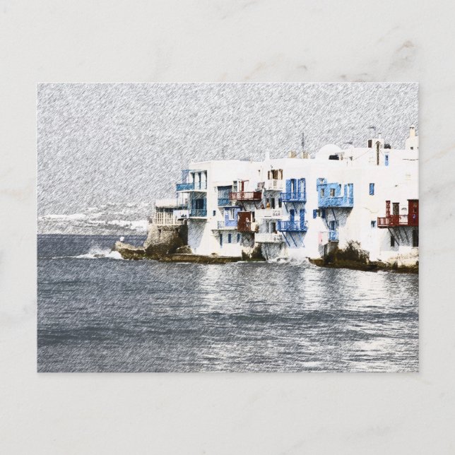 Postal Mykonos, edificios frente al mar de Grecia (Anverso)