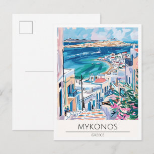 Postal Mykonos Grecia Ilustración de Arte Vintage de Viaj