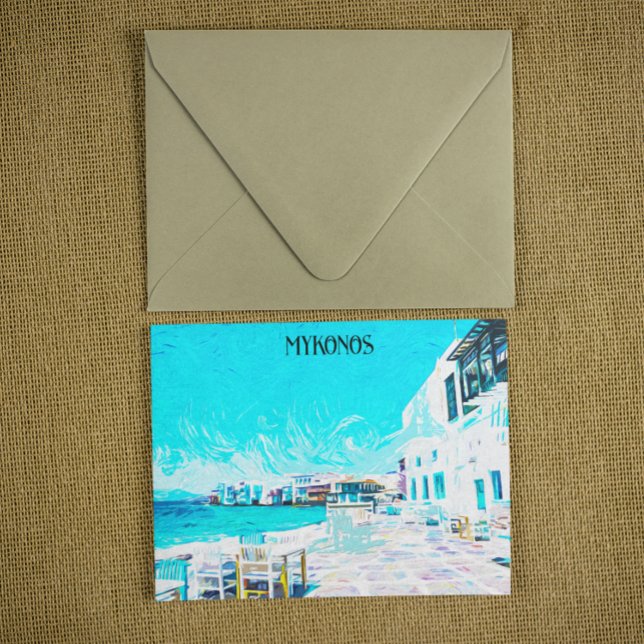 Postal Mykonos Grecia Ilustracion de pintura al petróleo  (mykonos greece oil paint scenery)