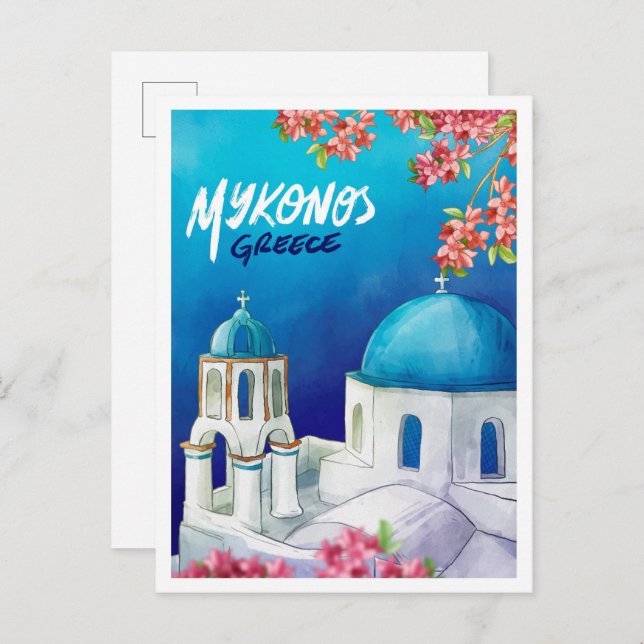 Postal Mykonos Grecia Ilustracion de viaje acuarela (Anverso / Reverso)