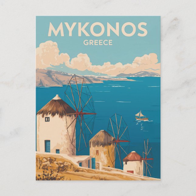 Postal Mykonos Greece Illustration Travel Art Vintage (Anverso)