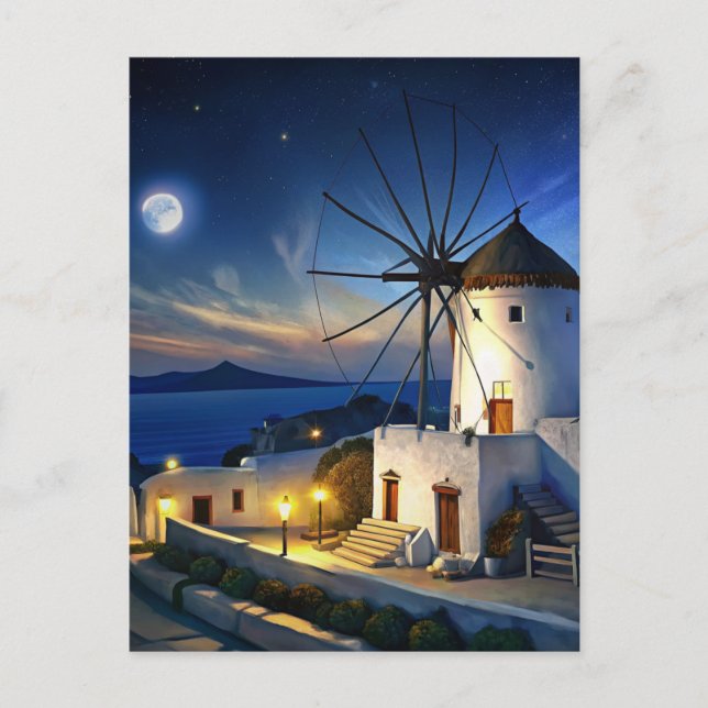 Postal Mykonos, noche del molino de viento en Grecia (Anverso)