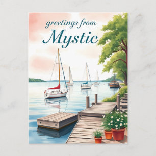 Postal Mystic, Connecticut - Frente al mar y veleros