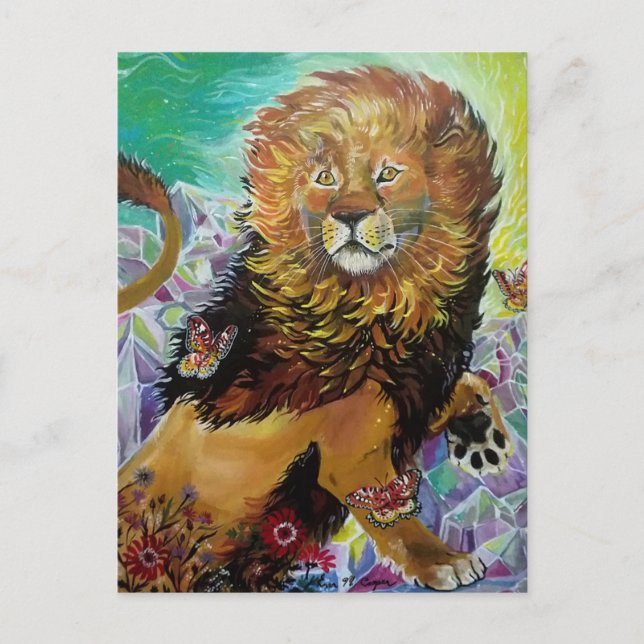 Postal Mystical Crystal Lion Pintando "Nuevos mundos" (Anverso)