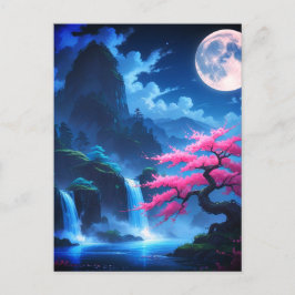 Postal Mystical Moonlit Waterfall with Cherry -nature