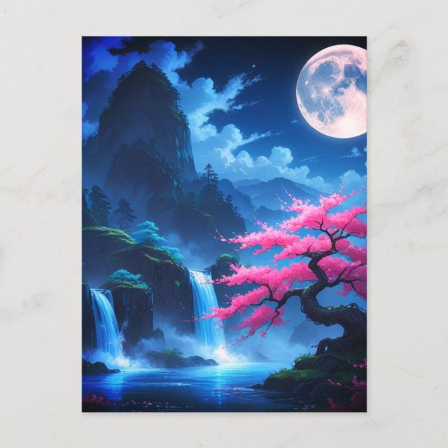 Postal Mystical Moonlit Waterfall with Cherry -nature (Anverso)