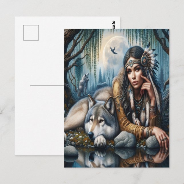 Postal Mystical Una Nativa Estadounidense Con Lobos (Anverso / Reverso)