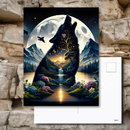 Postal Mystical Wolf Howling en Moon Surreal