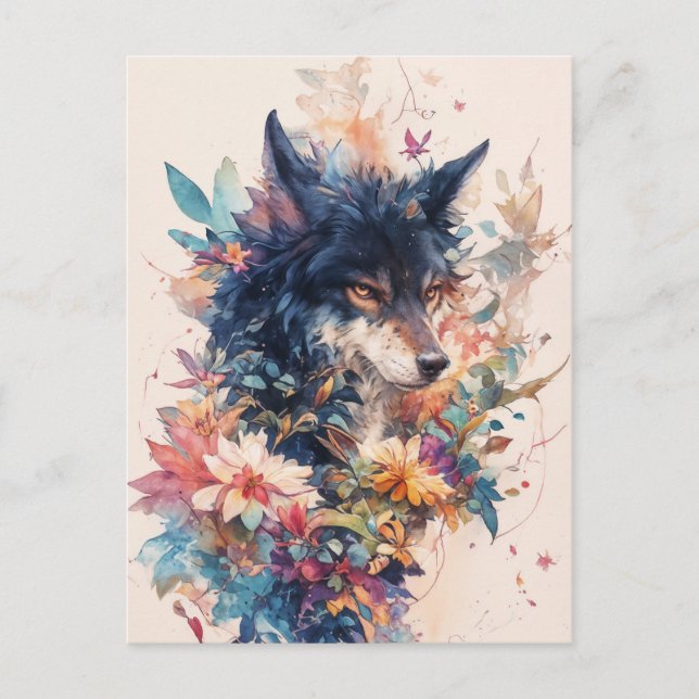 Postal Mystical Wolf in Vibrant Watercolor Blooms (Anverso)