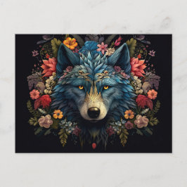 Postal Mystischer Wolf umringt von Blumen