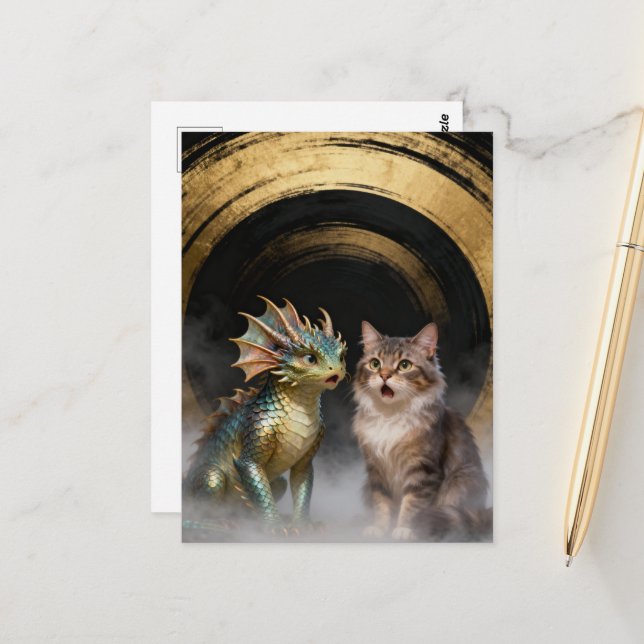 Postal Mythical Cat-Dragon Creatures Surprised (Anverso/Reverso In Situ)
