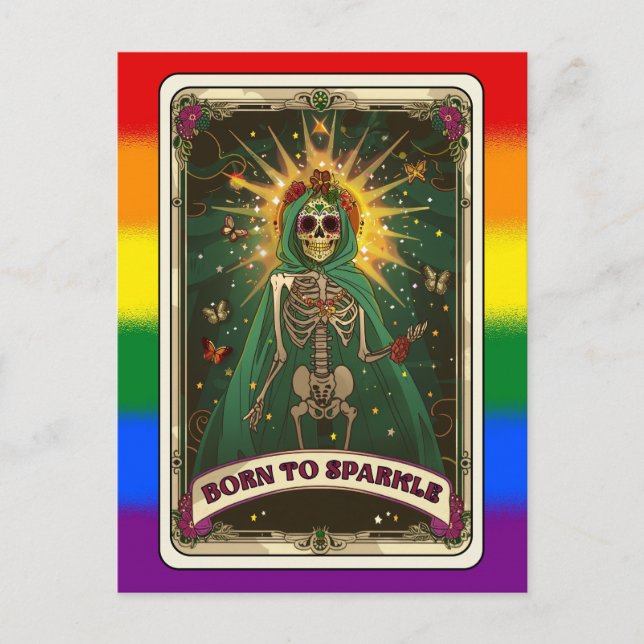 Postal Nacido en Sparkle Tarot, esqueleto del Orgullo LGB (Anverso)