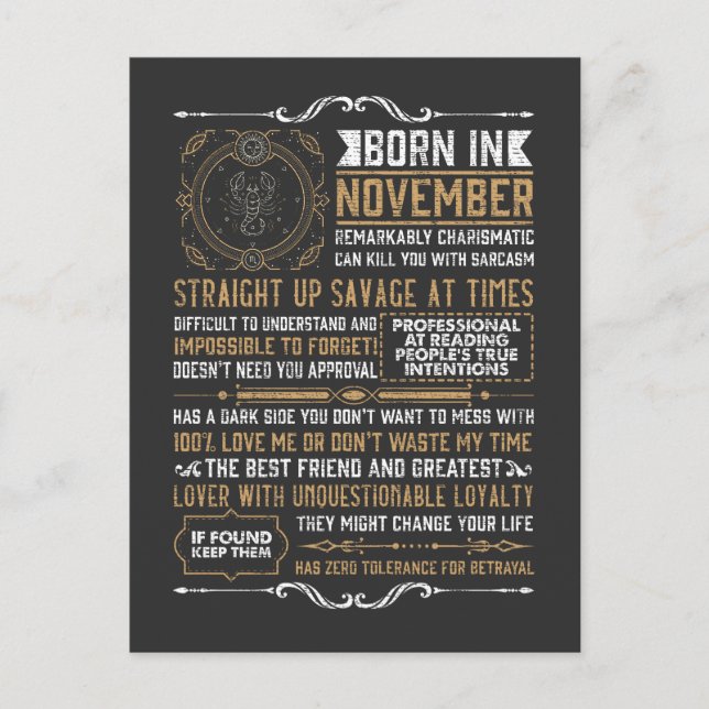 Postal Nacido Gracioso En Noviembre Cumpleaños Scorpio Zo (Anverso)