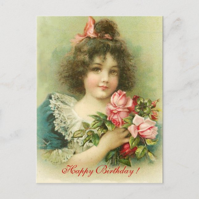 Postal Nacimiento de Niña Pequeña con Rosas Rosa (Anverso)