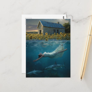Postal Nadando con tiburones en el arte surrealista de la
