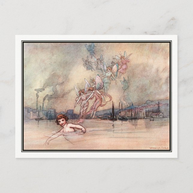 Postal Nadando en la ciudad por Warwick Goble (Anverso)