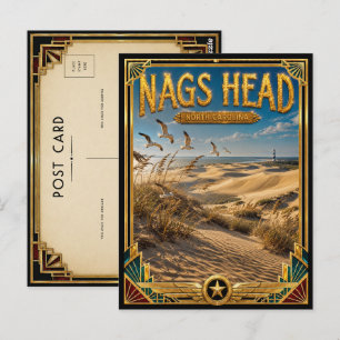 Postal Nags Head Carolina del Norte Arte Deco Dorado Vint