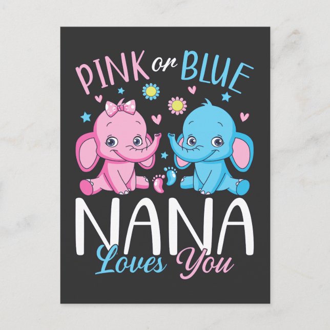 Postal Nana Ama al Elefante Bebé de Rosa o Azul (Anverso)