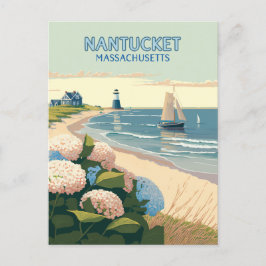 Postal Nantucket Beach Hydrangeas Lighthouse Bote Retro