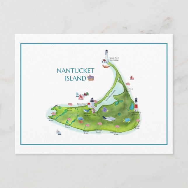 Postal Nantucket Isla pintada a mano (Anverso)
