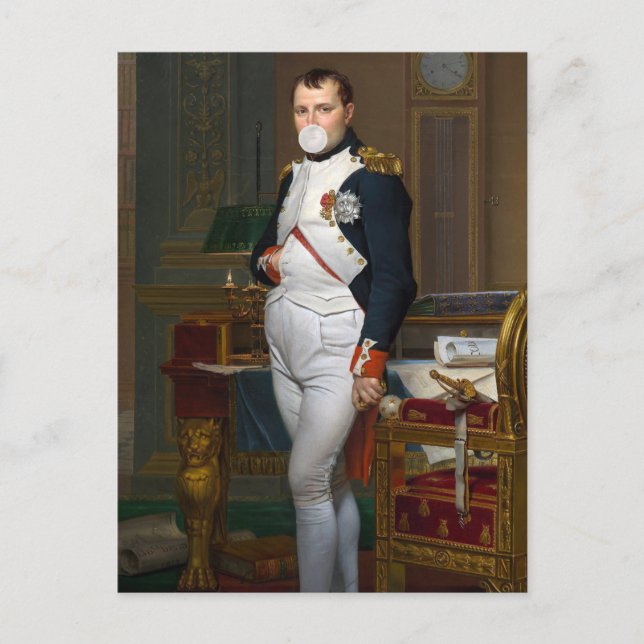 Postal Napoleón Bonaparte soplando un chicle blanco (Anverso)